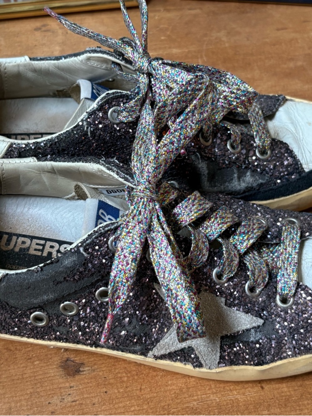 Golden Goose Glitter Low-Top Sneakers in Purple and Silver with Rainbow Laces